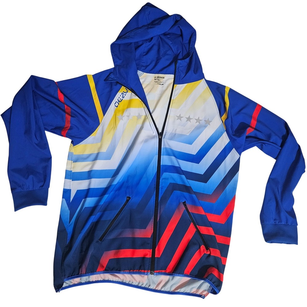 Dezuca Mens XXL Venezuela Graphic Hooded Windbreaker Jacket Blue Red Yellow New
